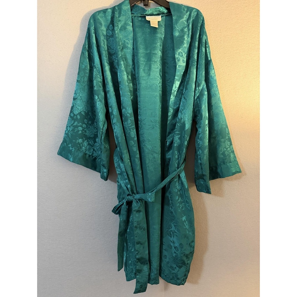 Vintage Cachet Robe Womens M Green Floral Satin Kimono Belted Hong Kong
